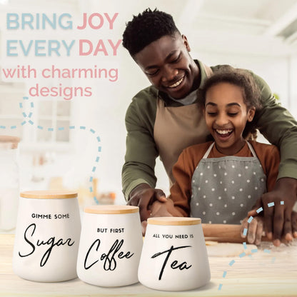 FIFTH FORK Coffee Tea and Sugar Ceramic Canister Set with Bamboo Lids - 3-Piece Airtight Kitchen Canisters for Countertop - Coffee Bar Container Set, Off-White