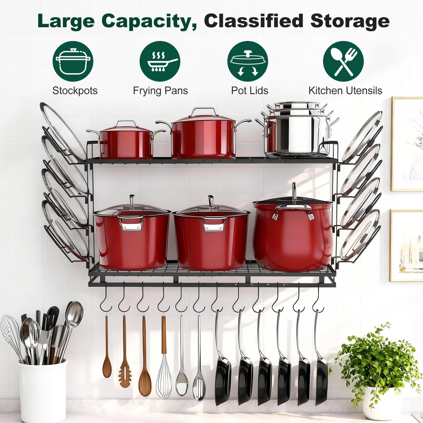Housolution Pot Rack Wall Mounted, 22''-30'' Length Expandable, 3 Level Height Adjustable, 2 Tier Heavy Duty Hanging Cookware Pan Organizer with 12 Hooks and 8 Lid Holders