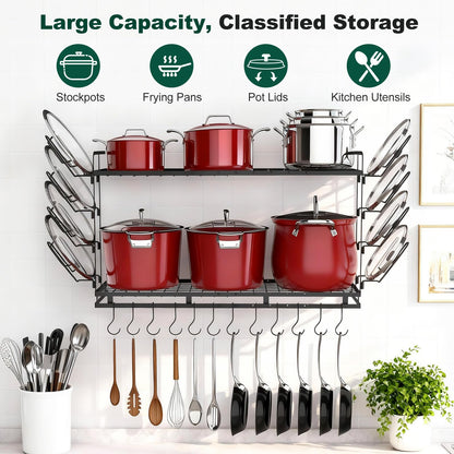 Housolution Pot Rack Wall Mounted, 22''-30'' Length Expandable, 3 Level Height Adjustable, 2 Tier Heavy Duty Hanging Cookware Pan Organizer with 12 Hooks and 8 Lid Holders