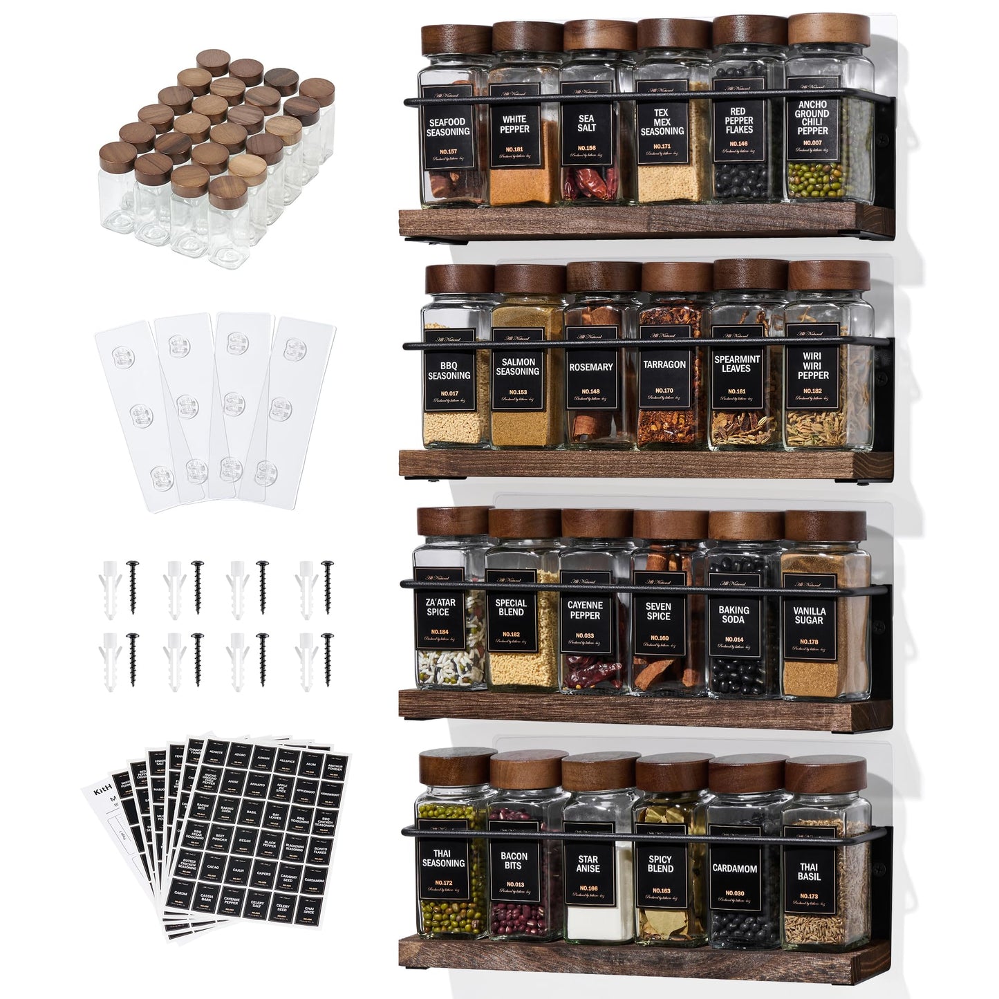 KitHero 4-Tier Wall Mount Spice Rack Organizer with 24 Glass Jars, 216 Labels & Funnel - Screw/Adhesive Mount, Black Metal & Wood Spice Storage for Kitchen Pantry Cabinet, 11.6”L x 2.4”W x 3.2”H