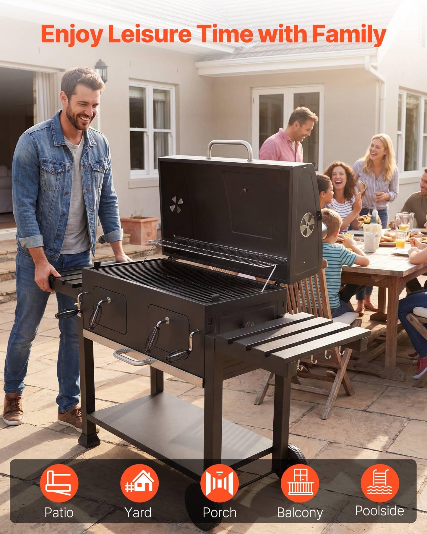 VEVOR Charcoal Grill, 780 sq.in. Extra-Large Charcoal Barbecue Grill with 2 Liftable Charcoal Trays & Folding Side Tables, High-Temp Powder-Coated Steel BBQ Cooking Grills for Patio Backyard Parties