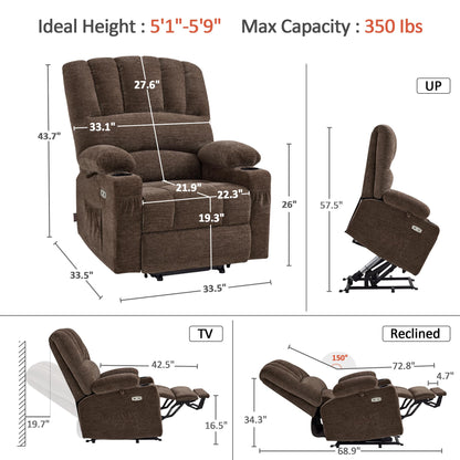 MCombo Power Lift Recliner Chair for Elderly, Lift Chair with Heat and Massage, USB &Type C Ports, Cup Holders, Fabric 7095 (Medium, Mocha)