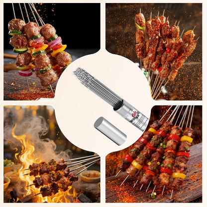WillBBQ 100PCS 13" Round Stainless Steel BBQ Skewers with Metal Storage Tube - Reusable Grilling Sticks for Lamb, Beef, Chicken, Shrimp, Vegetables