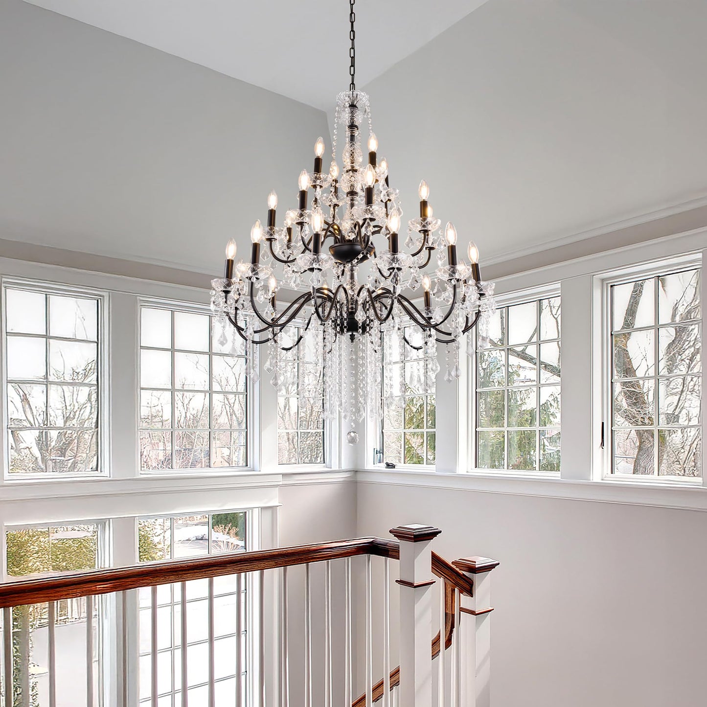 Wellmet Black Chandelier Light Fixture, Luxury Maria Theresa Crystal Chandeliers for High Ceiling Foyer, 24 Lights Hanging Pendant Light for Living Room EntryWay Hall Staircase Large 35.66" (Black)