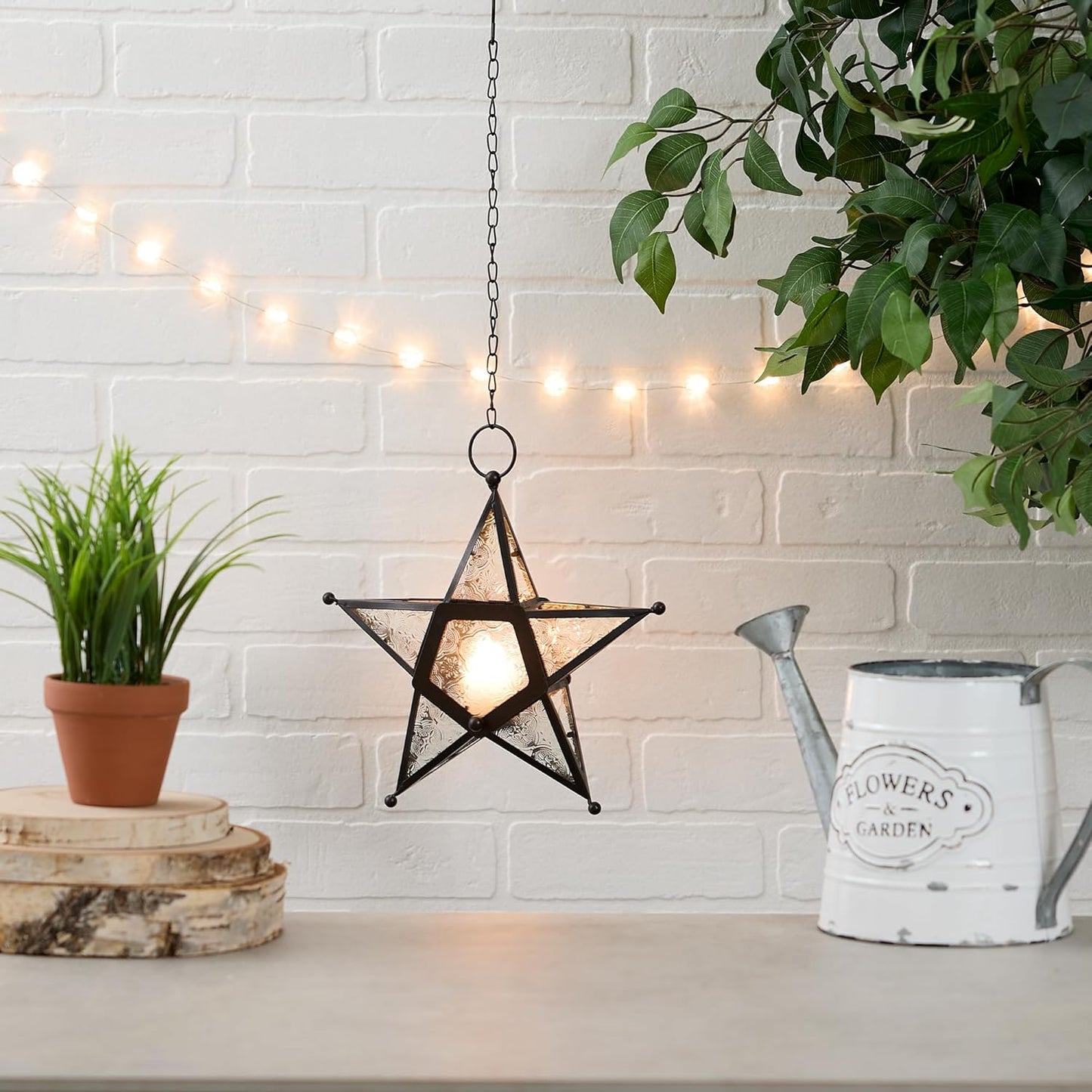 Zings & Thingz Beautiful Hanging Star Candle Lantern, 9.5" Tall, Clear Glass