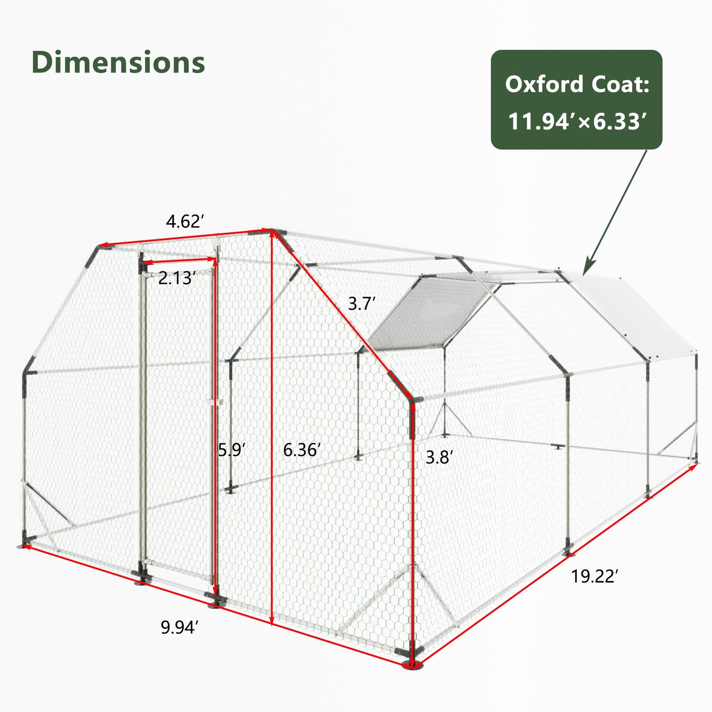 KEIKI Large Metal Chicken Coop, Metal Chicken Run, Farm Poultry Run Hutch Hen House, Outdoor Walk-in Chicken Pen for Poultry Duck Rabbit, 19.22ft x 9.94ft x 6.36ft