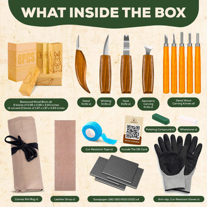 Wood Carving Kit – 29Pcs Whittling Knife Set with 9 Knives, Basswood Blocks w/Carved Guides, Safety Gloves, Whetstone, Stropping Leather & Roll Bag – AMPARIA Premium Tools for Beginner & Professional