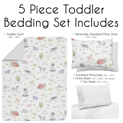 Sweet Jojo Designs Farm Animals Boy Girl Toddler Kid Childrens Comforter Bedding Set - 5 Pieces Comforter, Sham and Sheets - Watercolor Farmhouse Lattice Horse Cow Sheep Pig