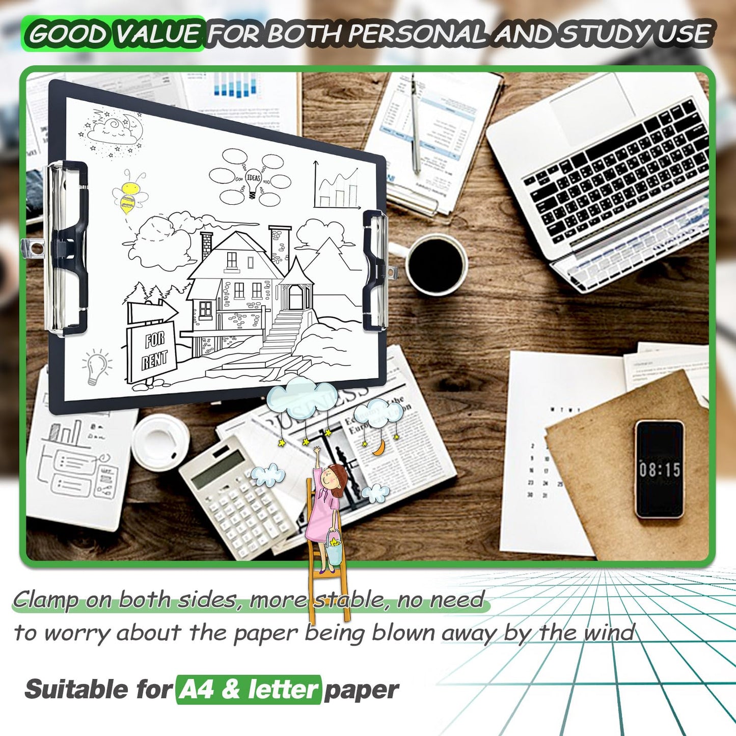 Aluminum Metal Clipboard Sturdy Stainless Hangable with Pen Holder Double Clip Board Size Letter A4 9" x 12.6" for School Office Business Medical Professionals Workshop Factory
