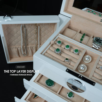 SYENS White Wood Jewelry Box, Large Size, Fingerprint Unlock, Seven Level Jewelry Organizer with Necklace Hanger and Mirror, High Gloss Lacquer Finish (5L-WT)