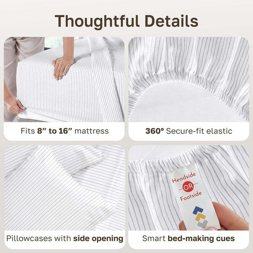 California Design Den Cal King Bed Sheets Set - 400 TC Award-Winning Soft Cotton, Smooth Sateen Finish, Deep Pockets, Cozy Pinstripe Bedding
