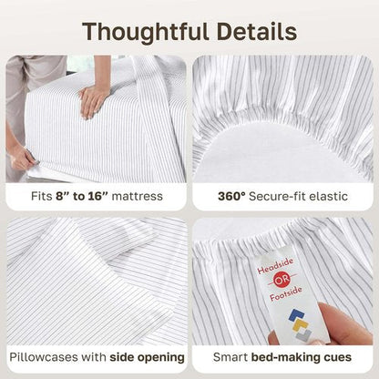California Design Den Cal King Bed Sheets Set - 400 TC Award-Winning Soft Cotton, Smooth Sateen Finish, Deep Pockets, Cozy Pinstripe Bedding