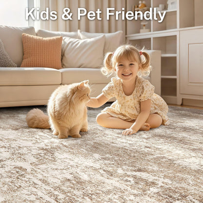 Micgeek Area Rug Living Room - 12X15 Abstract Washable Large Soft Foldable Non Slip Rug Neutral Modern Low Pile Carpet for Bedroom Nursery Dining Room Farmhouse Home Office Indoor - Brown