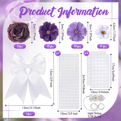 Solsew 50 Pcs DIY Graduation Cap with Lights Decoration Kit Include Artificial Flower String Light Ribbon Bow Pearl Sticker for DIY Cap 2026 Graduation Party(Blue Light, Purple Flower)