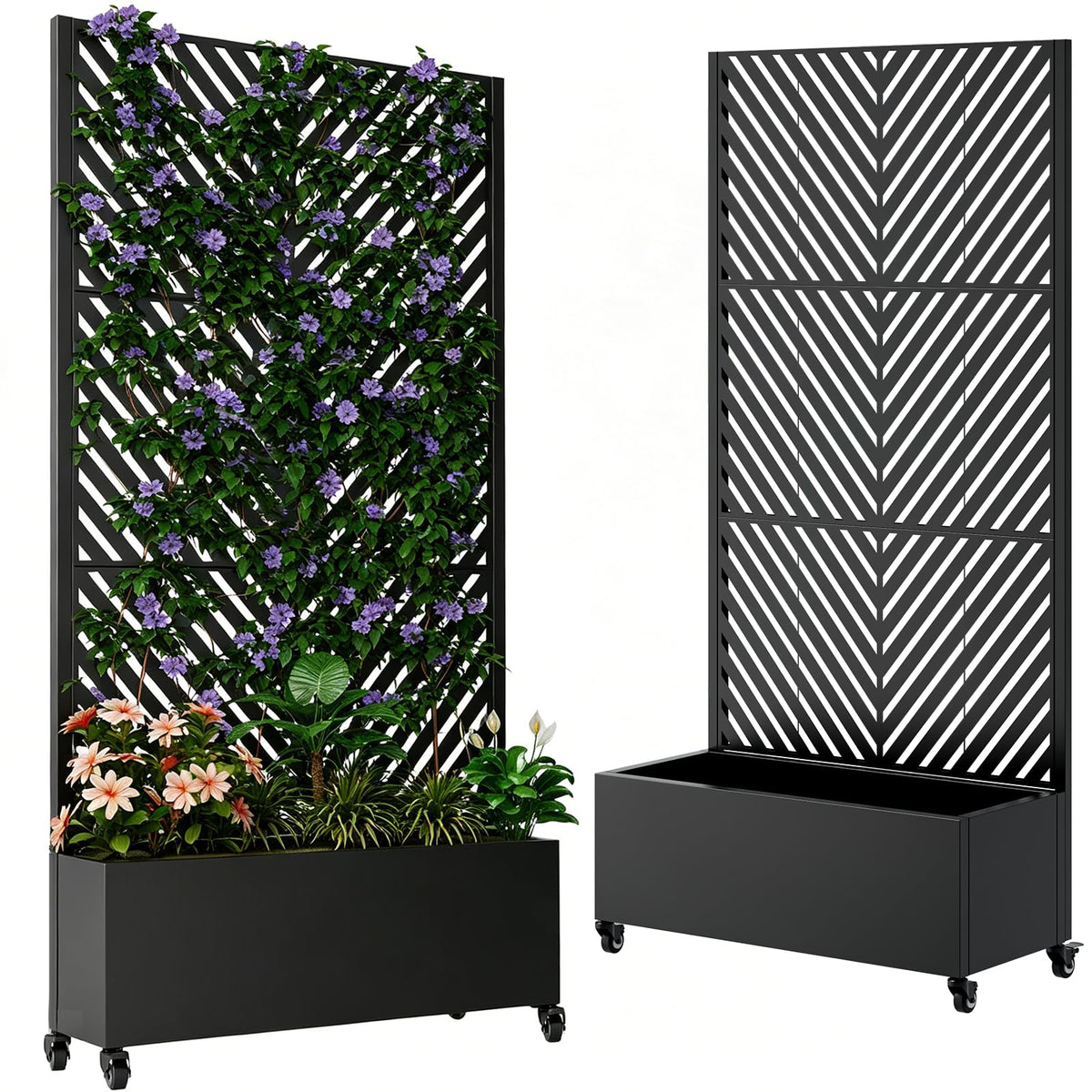 Raised Planter Box with Trellis & Lockable Wheels, Galvanized Metal, 73"x47"x16" Outdoor Privacy Screen with Planter Box for Heavy Climbing Plants, Flowers, Vegetables, Vines