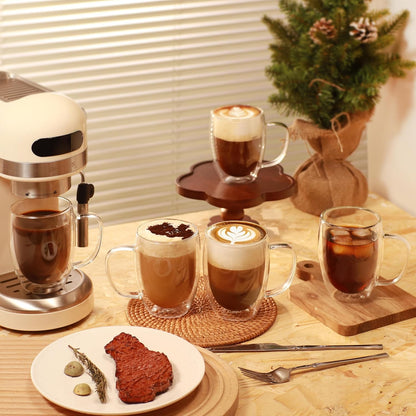 12oz Mugs(4-pack),Insulated CNGLASS Double Walled Glass Coffee Glass Mugs with Handle,Clear Espresso Cups