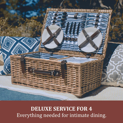 Picnic TME Belmont Picnic Basket for 4, Insulated Wicker Basket Set with Porcelain Plates, Stainless Steel Flatware, Wine Glasses, Cooler, Leatherette Straps, Gift (Navy Blue & White Stripe)
