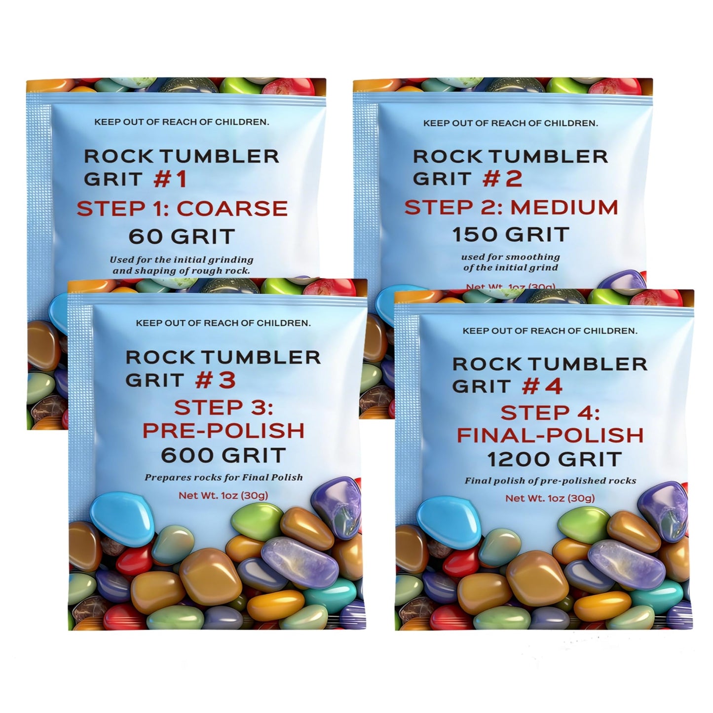 Rock Tumbler Grit and Polish Refill Kit - 4 Bags Abrasive Grit, 4-Step Rock Polishing Refill Set, Compatible with National Geograpic, Komestone, Koolstone and Other Brand Tumbler