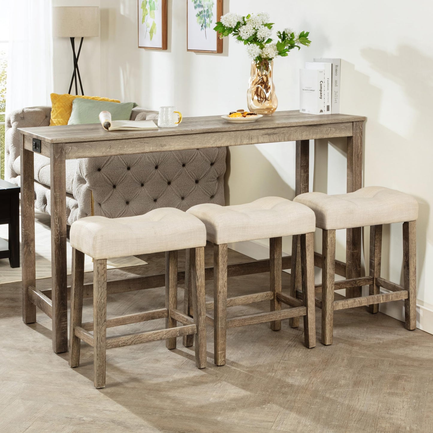 KEIKI 4-Piece Bar Table Set with Charging Ports, 59" Industrial Kitchen Table & 3 Upholstered Stools, Durable Wooden Frame, Perfect for Living and Dining Rooms, Brown