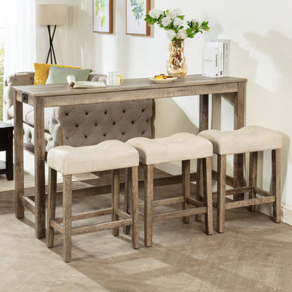 KEIKI 4-Piece Bar Table Set with Charging Ports, 59" Industrial Kitchen Table & 3 Upholstered Stools, Durable Wooden Frame, Perfect for Living and Dining Rooms, Brown