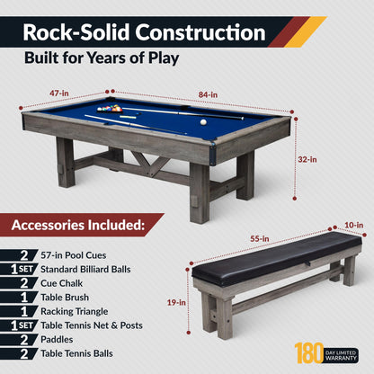 Hathaway Logan 7 Foot Pool Table Combo with Benches – Billiard Table with Ping Pong and Dining Tops – Comes with Complete Game Accessories and Built-In Storage - Rustic Gray Barnwood Finish, Blue Felt