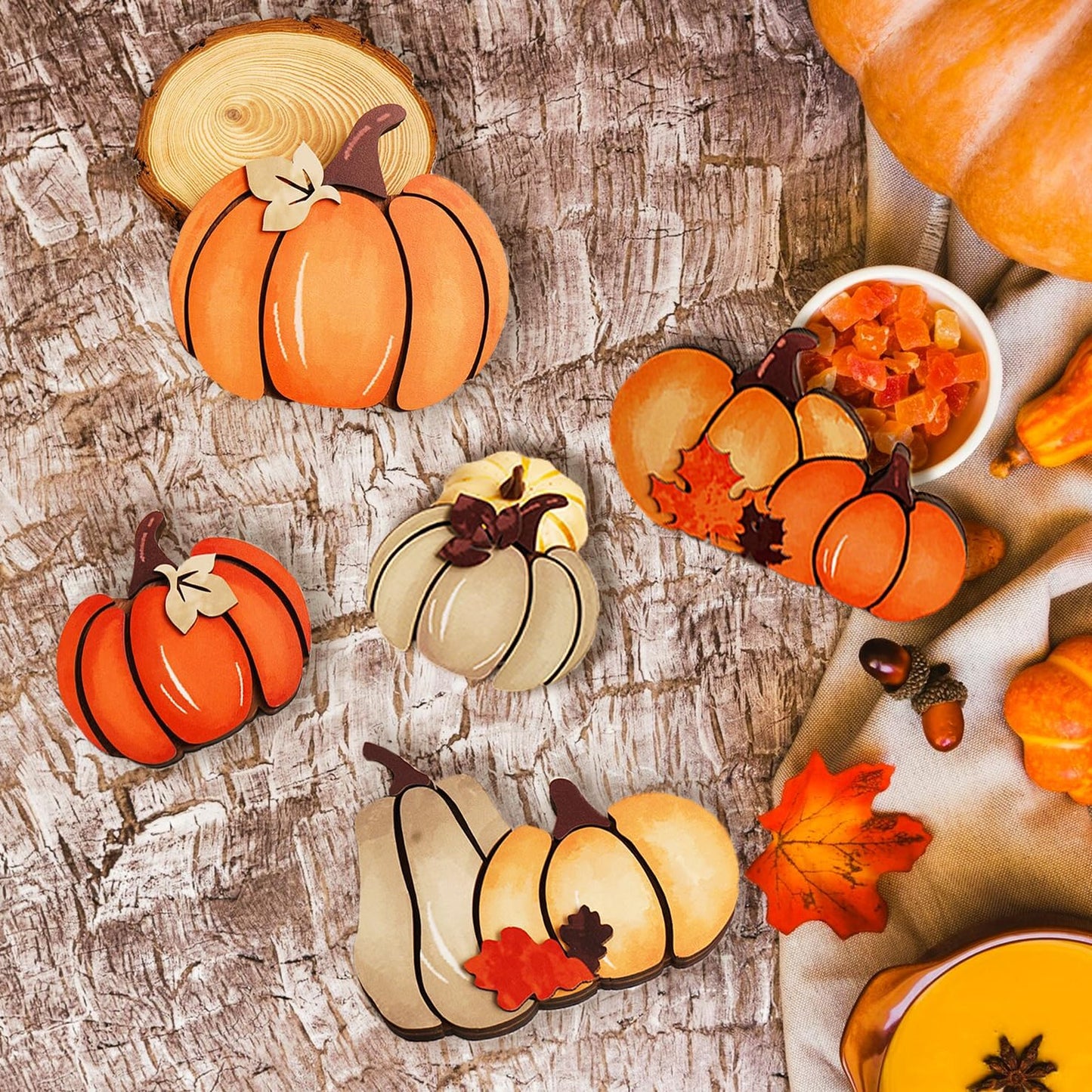 5PCS Wooden Pumpkin Fall Decor- Double Side Fall Pumpkin Decorations for Home Thanksgiving Table Centerpieces for Home, Office, Mantel and Shelf Autumn Decorations (D5)