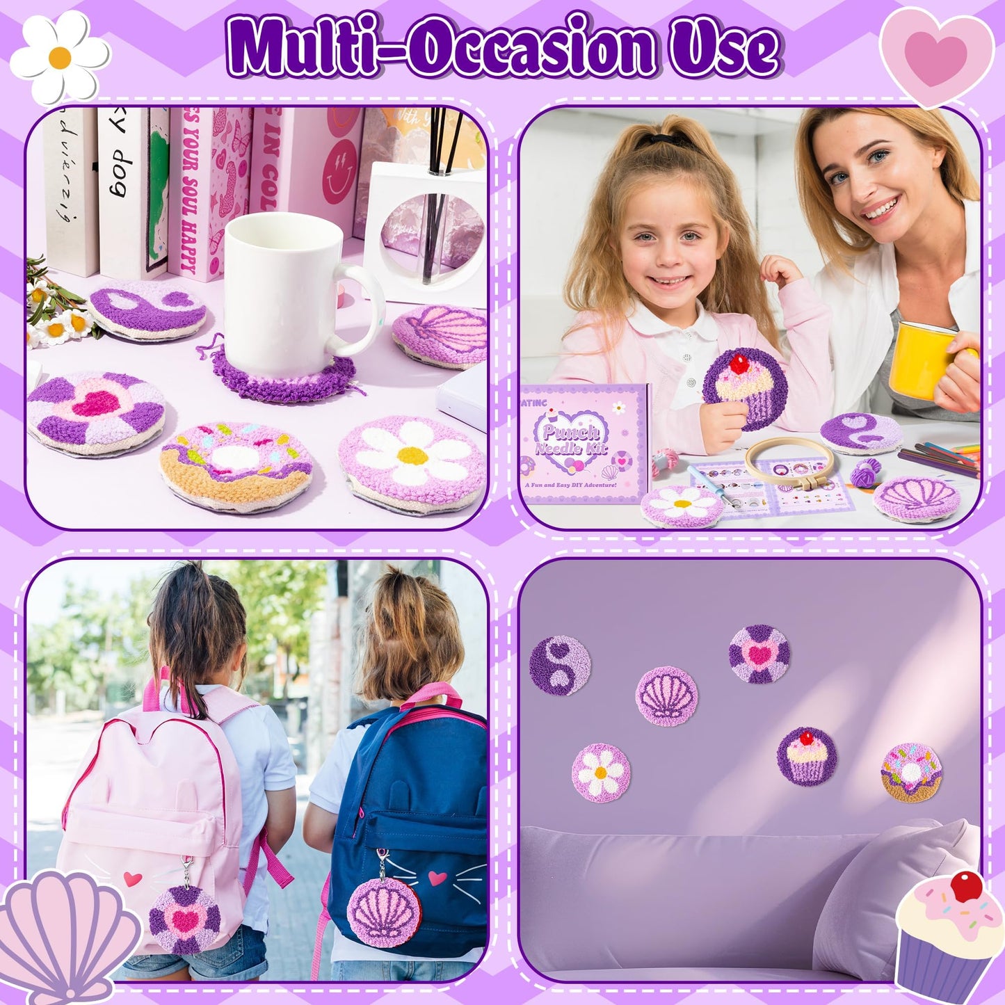 WATINC Christmas Punch Needle Coaster Kits - 23Pcs Easy Art Work Decor Craft Supply for Beginners, DIY Set of 6 Pattern Tufted Pads with Adhesive Felt Yarns Tools Instruction Customized Boxes (Purple)