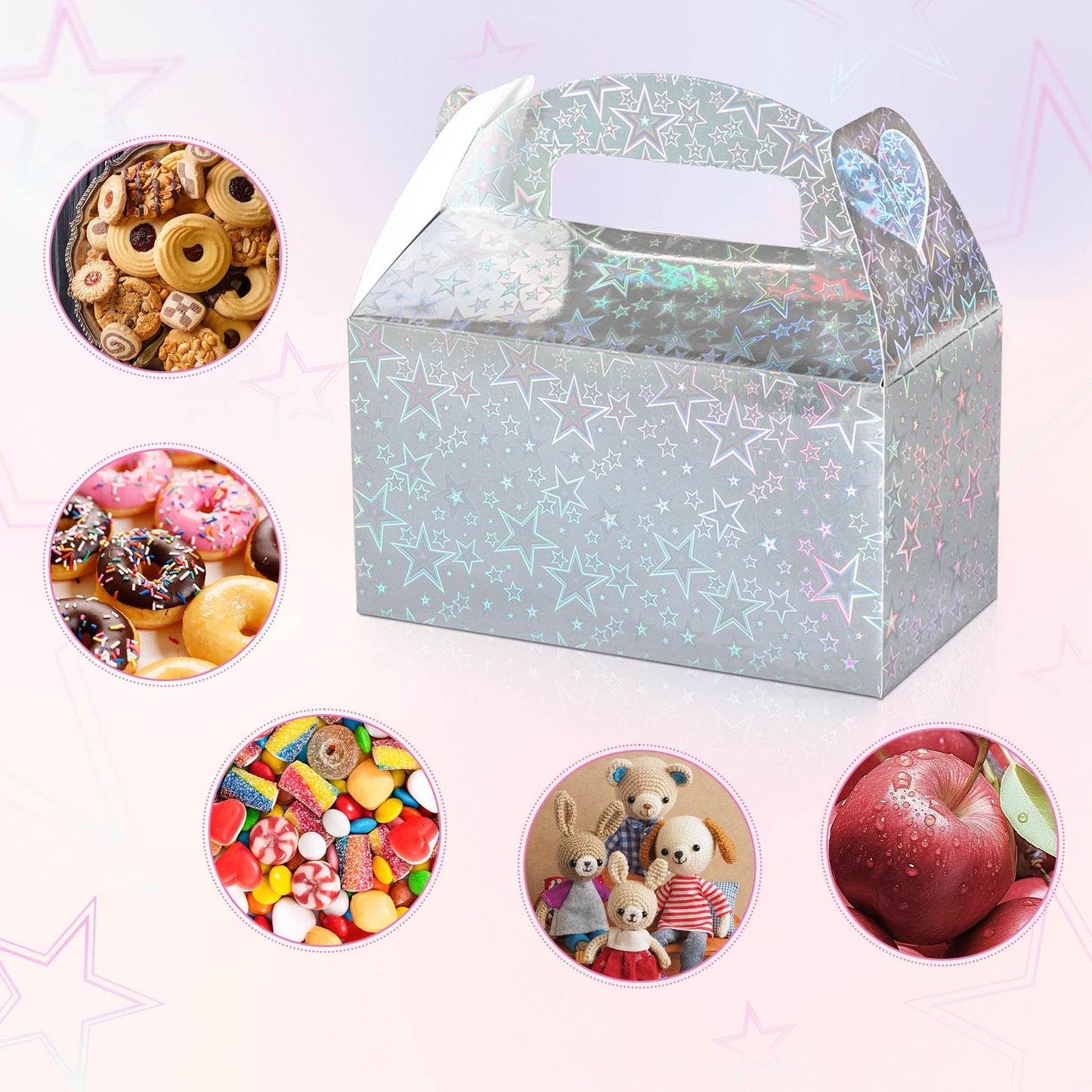 Naleyber Iridescent Star Party Favor Treat Box, 24pcs Holographic Gable Boxes for Candy Snacks Gifts, Shiny Goodie Boxes for Birthday parties