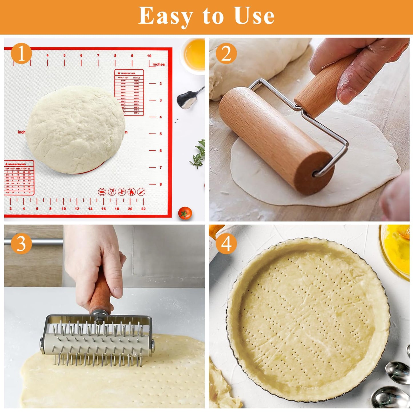 Elesunory 3pcs Pizza Tool Set, Include Pizza Docker, Pizza Dough Roller and Silicone Baking Mat, Dough Docker, Non Slip Baking Mat, Wooden Rolling Pin for Pizza, Cookie, Pie, Pastry, Bread