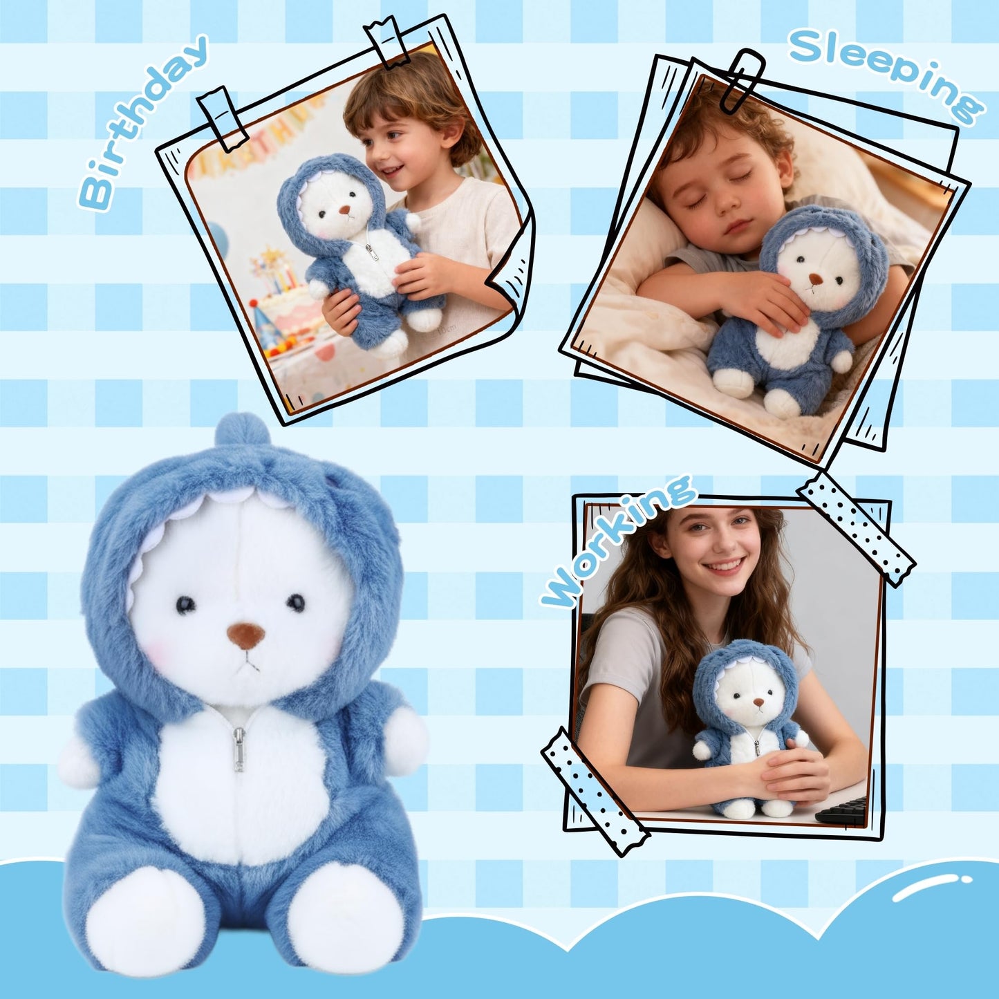 Teddy Bear Stuffed Animals, Teddy Bear Plushies Soft Funny Stuffed Toys with Removable Blue Shark Clothes, 13'' Emotional Support Cute Plush Figure Toys with Movable Legs for Toodlers Kids Women
