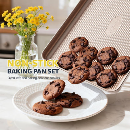 3Pcs Nonstick Baking Sheet Pan Set by [Brand Name] - Heavy Duty Carbon Steel Cookie Sheets | Gold Finish