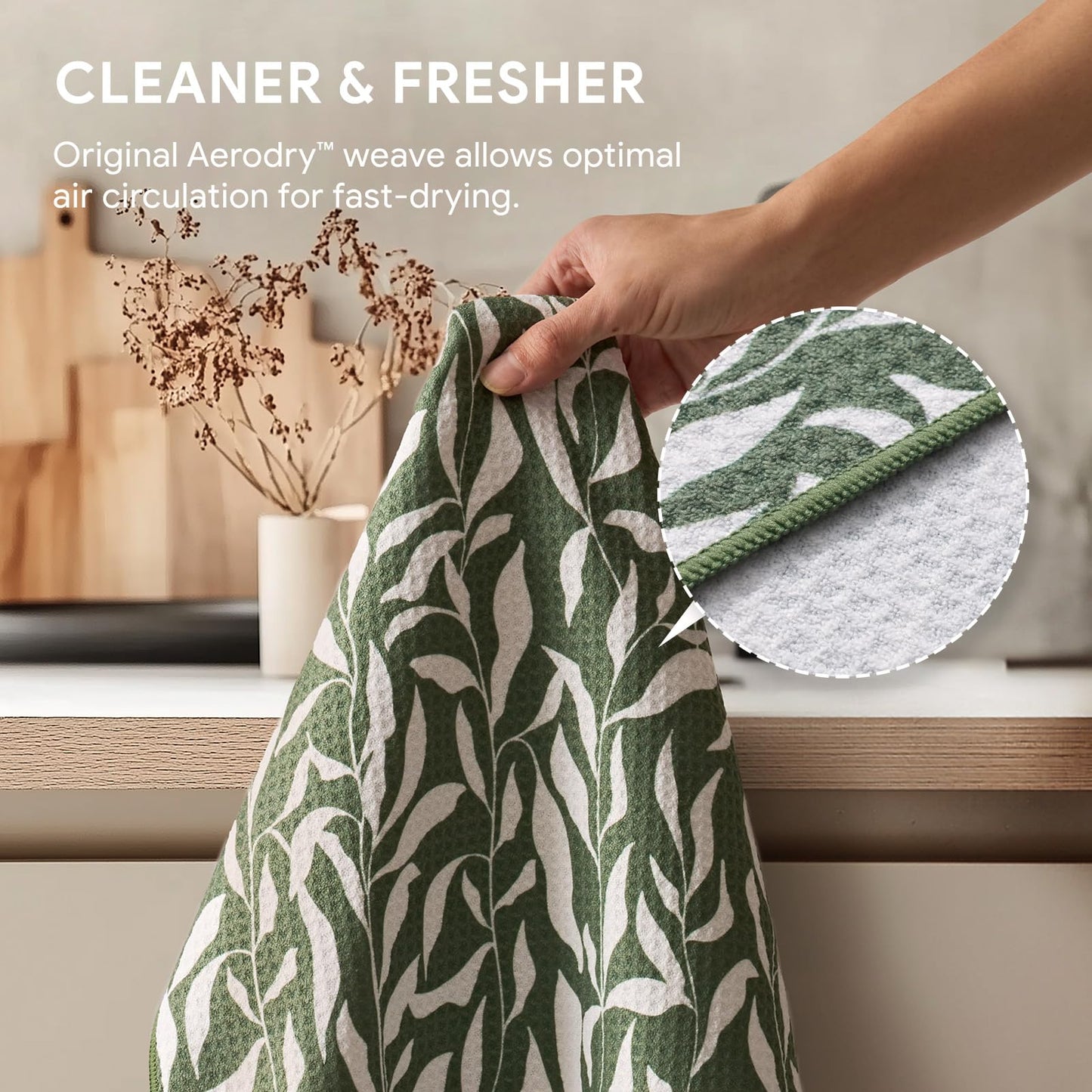 RECYCO Waffle Kitchen Towel Set of 2 - Quick Dry Microfiber Sustainable Dish Towels - Ultra Absorbent Reusable Cleaning Tea Towels - Lightweight Hand Towels,16”x 28”, Peachy Leaves