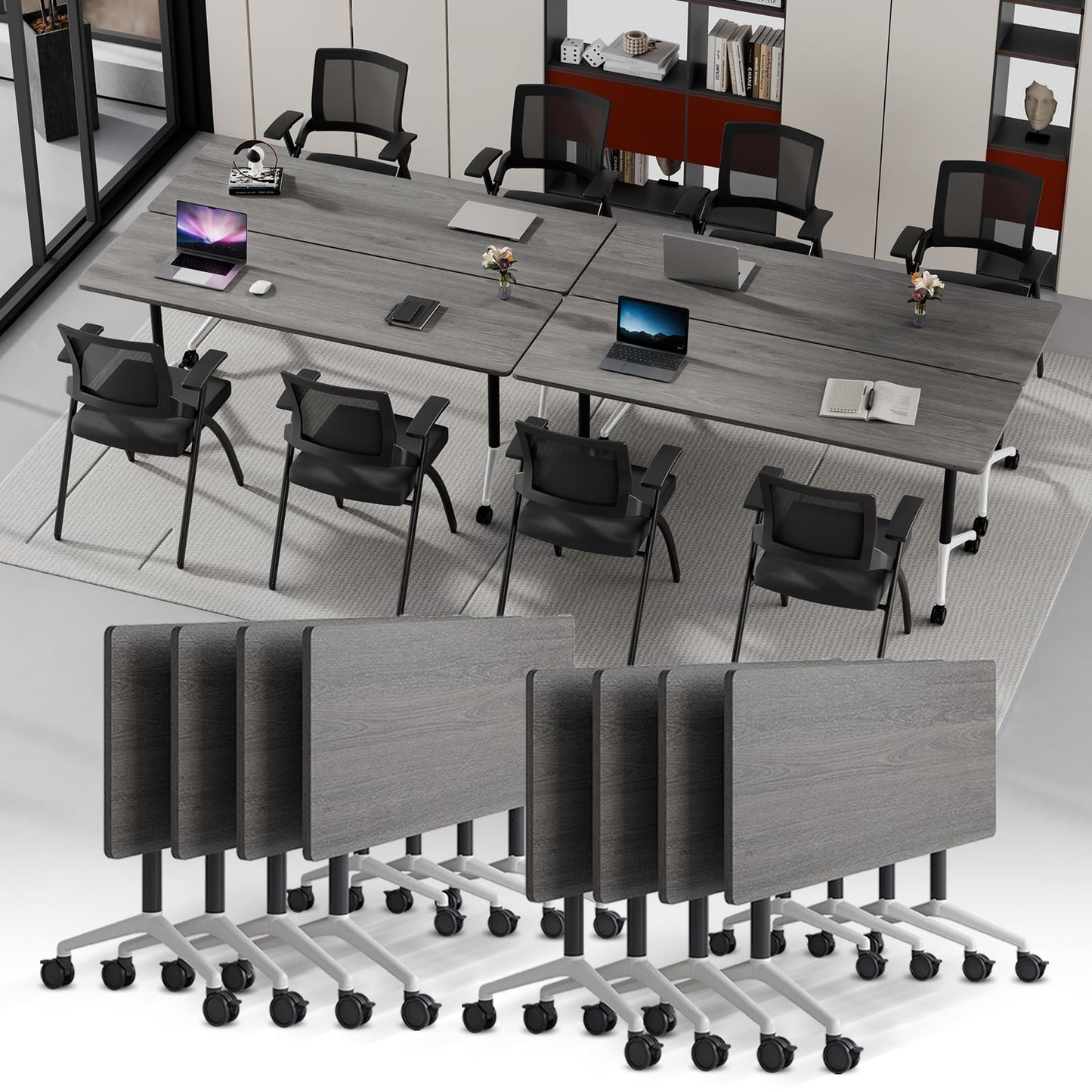 Modular Folding Conference Table with Wheels,8 Pack Mobile Conference Room Tables,Filp Top Rolling Meeting Training Tables for Office,Classroom,Library,Seminar,Boardroom,school(8pack,Grey,71in)