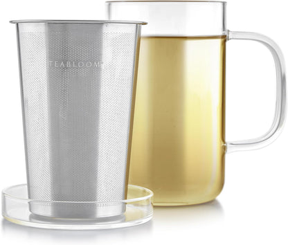 Teabloom Premium Borosilicate Glass Mug - 12 Ounces (350 mL) with Stainless Steel Loose Leaf Tea Infuser and Lid/Dish