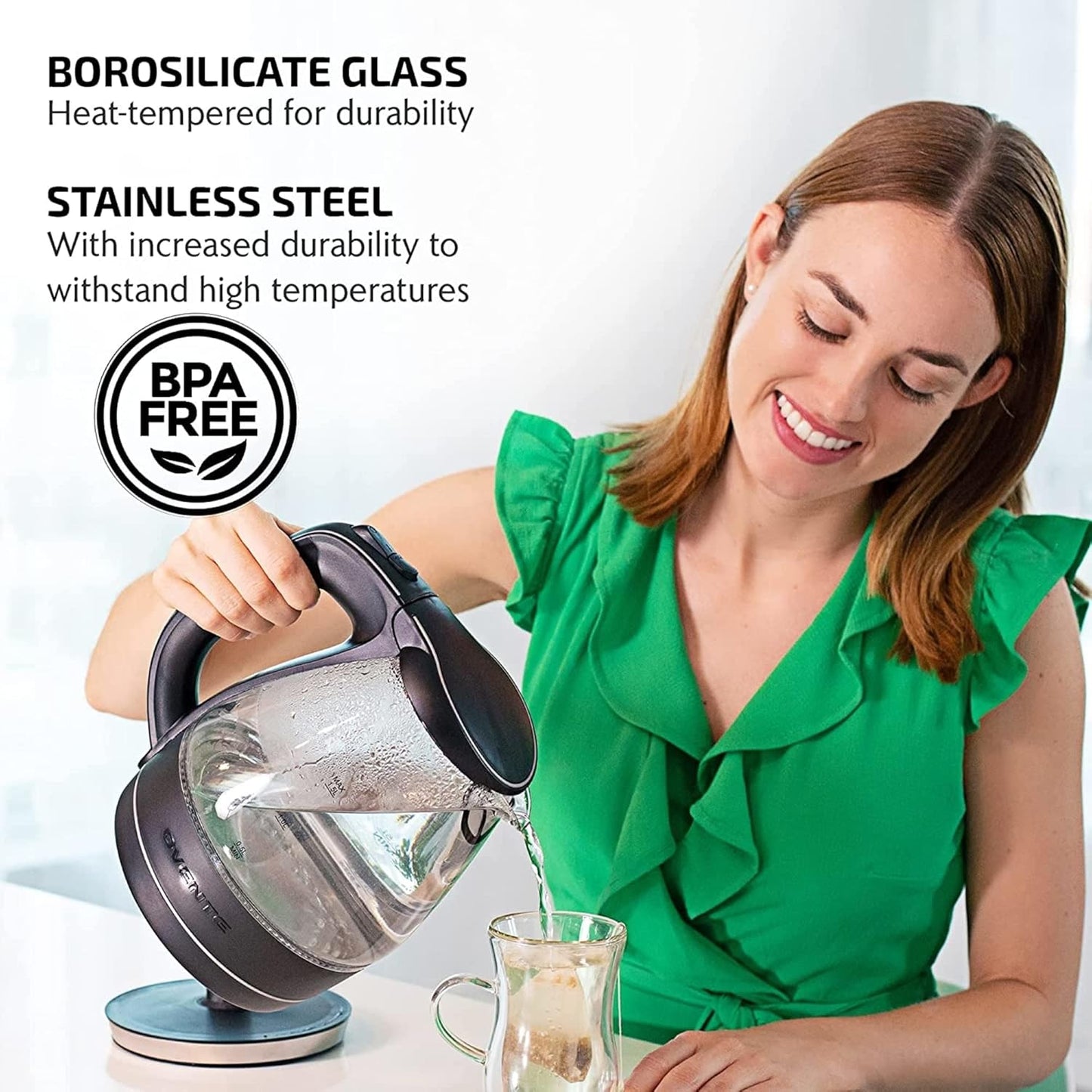 OVENTE Glass Electric Kettle, 1.5 Liter Fast Boiling Borosilicate Glass, BPA Free Auto Shut Off for Coffee & Tea