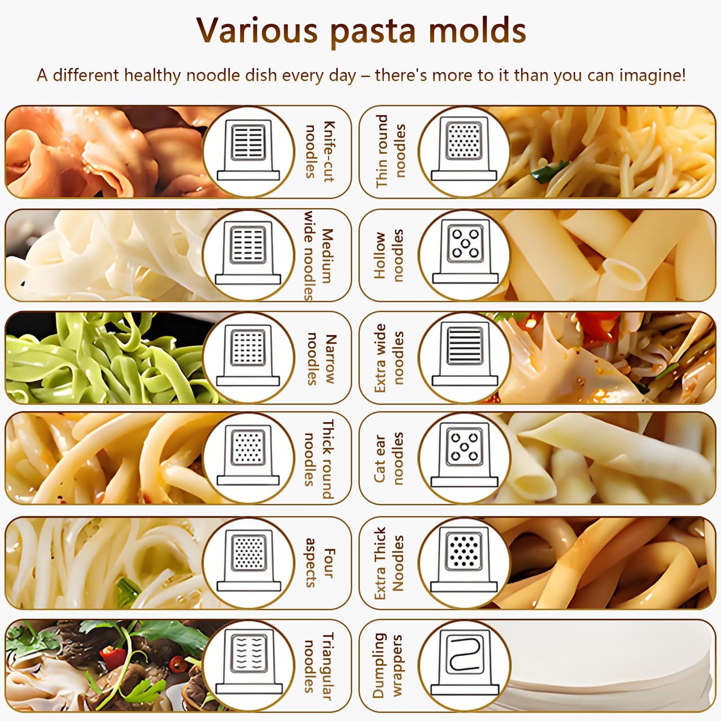 QCQDL Electric Pasta Maker, Automatic Noodle Maker Machine with 13 Types of Noodles Molds, for Homemade Spaghetti, Fettucine, Penne, Dumpling, 650G Large Capacity, Smart Button, with Display Screen