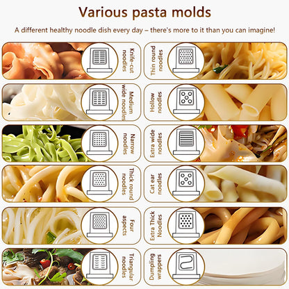 QCQDL Electric Pasta Maker, Automatic Noodle Maker Machine with 13 Types of Noodles Molds, for Homemade Spaghetti, Fettucine, Penne, Dumpling, 650G Large Capacity, Smart Button, with Display Screen