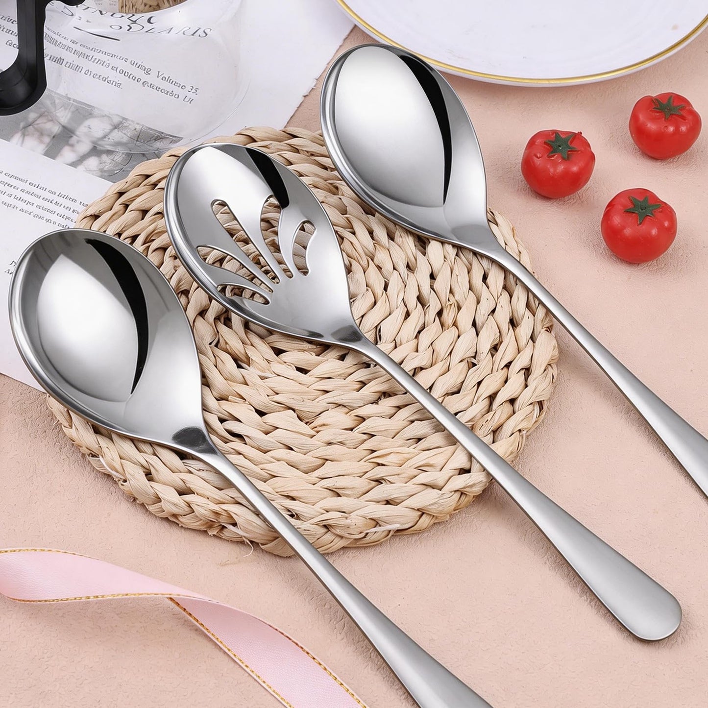 Mwellewm 6 Pcs Serving Spoons Set 9.5 Inch Large Stainless Steel Serving Spoons for Buffet Silver 3 Serving Spoons 3 Slotted Serving Spoons Dishwasher Safe for Parties Kitchen Buffet Catering Dinner