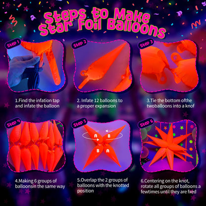 GYIPFIPA UV Neon Balloons, Glow in the Dark Party Supplies Neon Foil Explosion Star Balloon Kit Cone Balloons Glow in the Dark Birthday Decorations for Blacklight Party Decoration