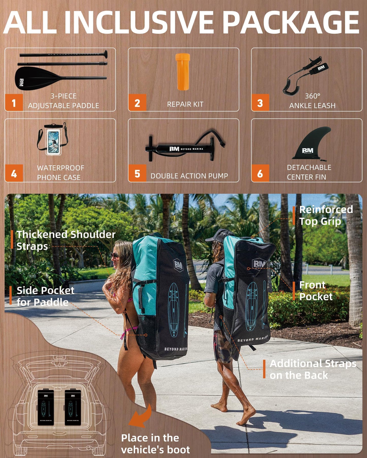 BM Paddle Board Inflatable Stand Up Paddle Board, SUP Paddleboard for Adult, Premium Accessories | Non-Slip EVA Deck & Foam Handles, Camera Mount, Double Action Pump, 85L Travel Backpack, Teak