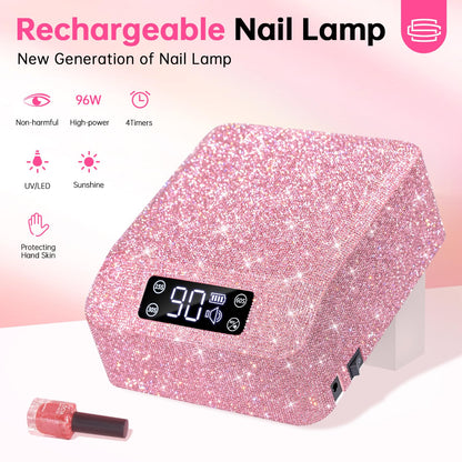 CHRISTINE SHELLY H20 UV Light for Gel Nails, 96W Rechargeable UV Nail Lamp & 504 Nail Dust Collector, Bling Diamond Rechargeable 5000RPM Vacuum Nail Tech Fan Extractor