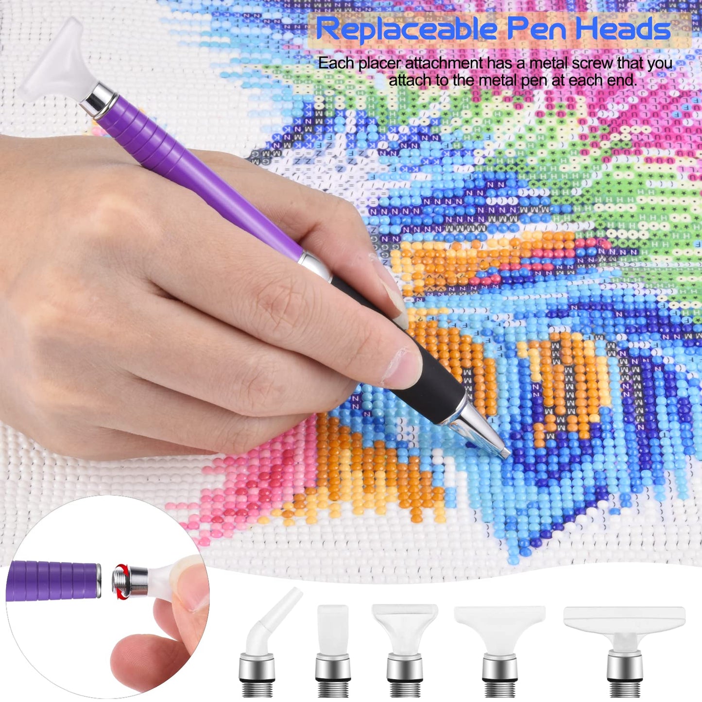 Square Diamond Art Painting Tools, Metal Drill Pens with Square and Round Drill Head Plus Multiplacer Tips, Comfort Grip 5D Diamond Art Painting Pen (Purple)