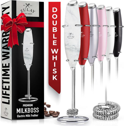 Zulay Kitchen Powerful Double Whisk Milk Frother Handheld - Foam Maker with Stand - Whisk Drink Mixer for Coffee, Mini