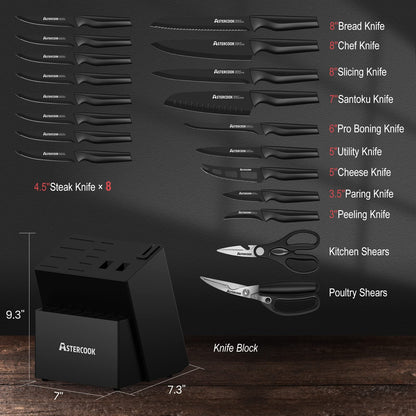 Knife Set, Astercook 21 Pieces Knife Sets for Kitchen with Block, Dishwasher Safe Kitchen Knife Set with Built-in Sharpener, German Stainless Steel Black Knife Block Set Mothers Day Gifts