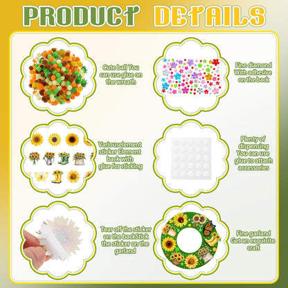 Wavwavw 472 Pcs Sunflower DIY Craft Kits Sunflower Wreath Summer Craft Kit Wreath Arts Decorations with Butterflies House Felt Stickers for Home Indoor Outdoor Party Activities Decor