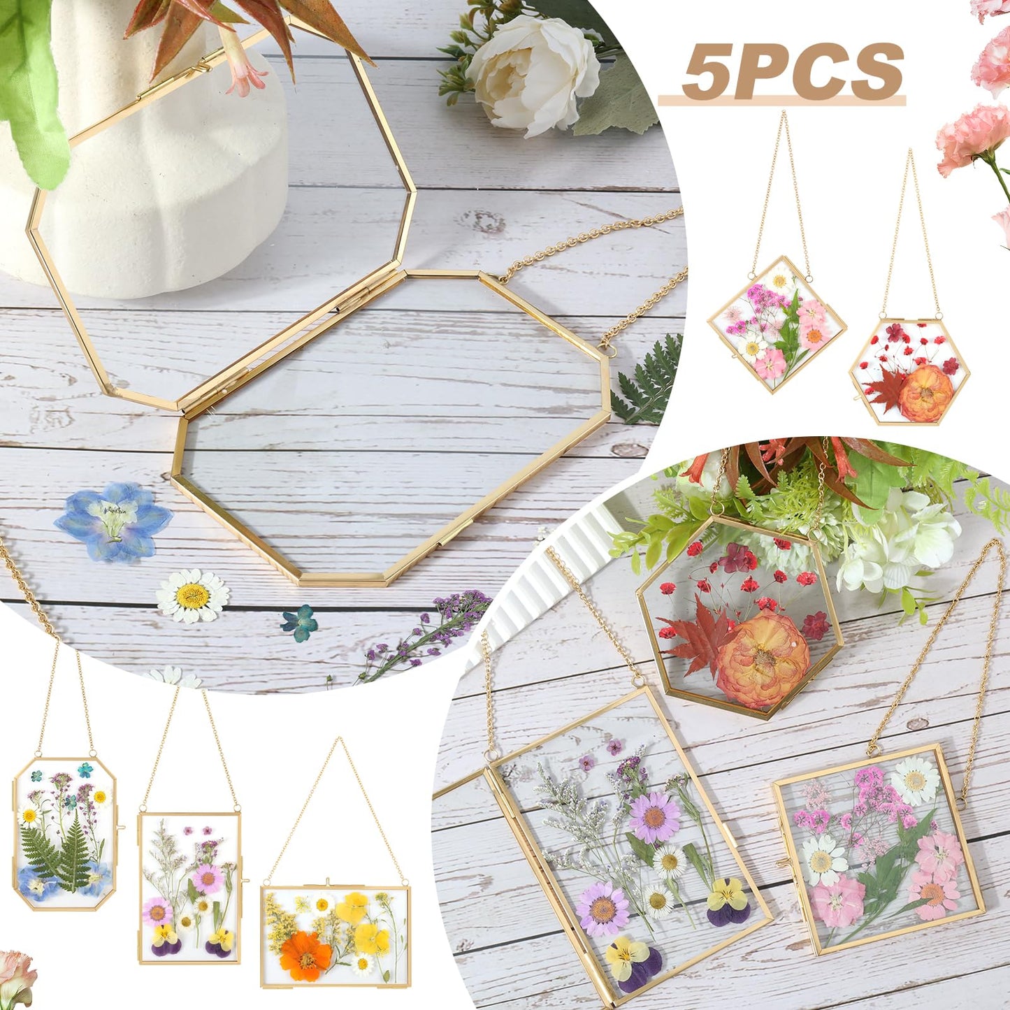 5 PcsDouble Glass for Pressed Flowers,Clear Brass Embossed Frame with Tweezers,Can Be Used for Dried Flower Plant Photo Postcards Wall Mounted Glass Pressed Flower Frame,No Dried Flowers