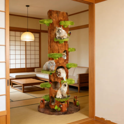 KAMABOKO 91" Tall Cat Tree for Indoor Cats - Large Cat Tower with 6 Luxury Cat Condo, Soft Cushion, Scratching Board, Plush Platform & Top Perch, Magic Forest Series, Green