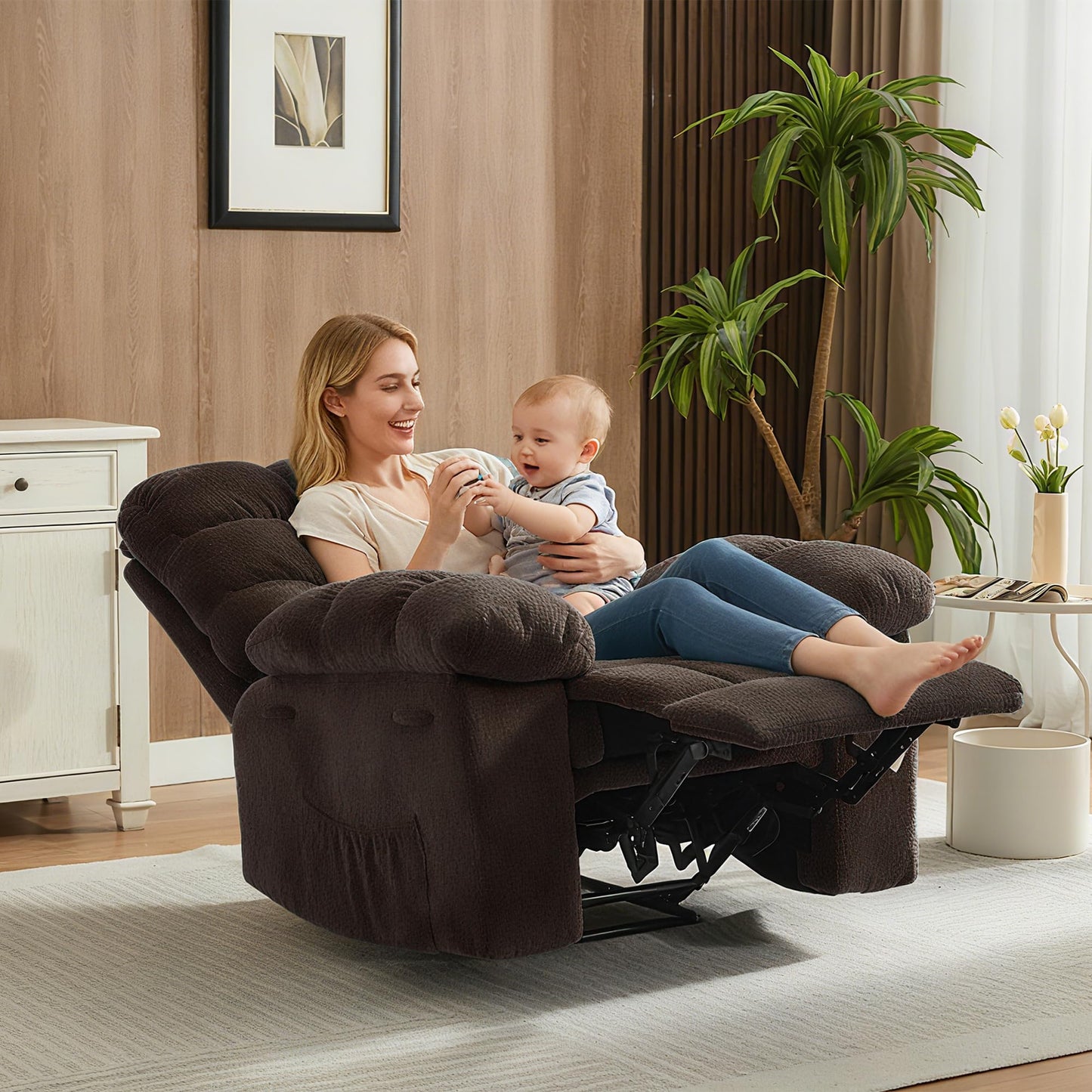 21.2'' Manual Recliner Chair,Ergonomic Overstuffed Breathable Fabric Reclining Chair with Side Pockets,Q235 Steel Frame Lazy Boy Recliner Single Sofa for Living Room Bedroom