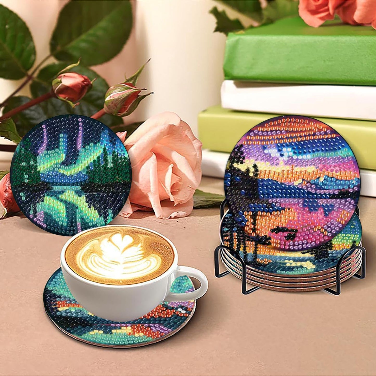8 Pcs Aurora Diamond Art Coasters Kits with Holder, Landscape Diamond Painting Coasters Kits for Adults, DIY 5D Nature Scenery Diamond Dots Small Mini Kit Full Drill Art Craft Supplies 4X4 Inch