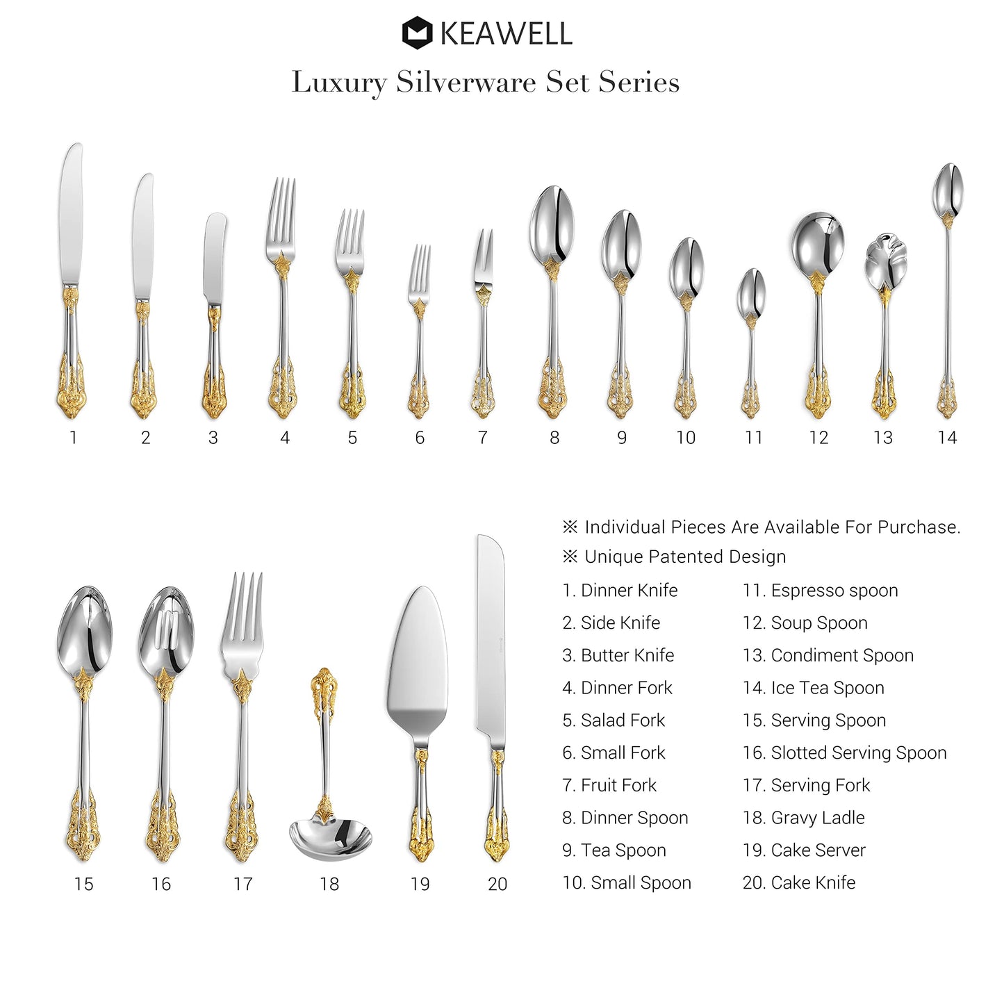 KEAWELL Gorgeous Round Soup Spoon, Set of 4, 18/10 Stainless Steel, Luxury Bouillon Spoon, Dishwasher Safe, Fine Mirror Polished (Gold Accent)